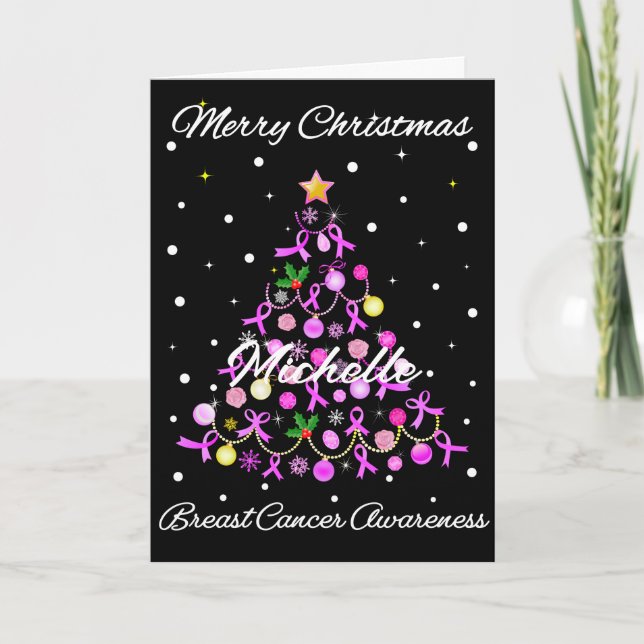 Beautiful Pink Ribbon Christmas Tree Holiday Card (Front)