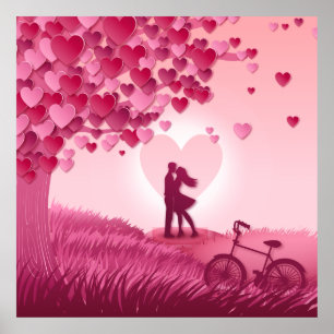 Beautiful pink romantic meadow couple illustration poster
