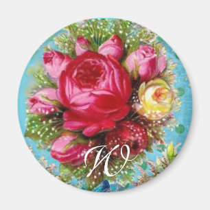 BEAUTIFUL PINK ROSE AND BLUE FLOWERS Monogram Magnet