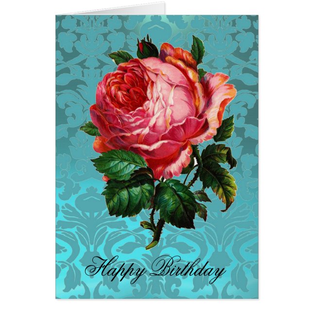 BEAUTIFUL PINK ROSE AQUA BLUE DAMASK Birthday (Front)