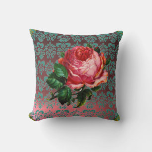 BEAUTIFUL PINK ROSE AQUA BLUE,TEAL DAMASK CUSHION