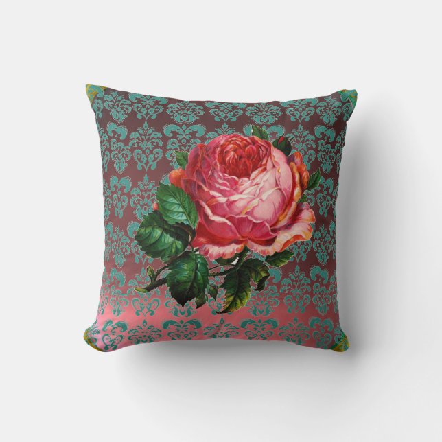 BEAUTIFUL PINK ROSE AQUA BLUE,TEAL DAMASK CUSHION (Front)