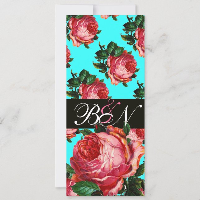 BEAUTIFUL PINK ROSE AQUA BLUE TEAL FLORAL MONOGRAM INVITATION (Front)