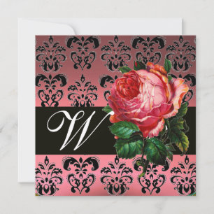 BEAUTIFUL PINK ROSE  BLACK WHITE  DAMASK MONOGRAM INVITATION