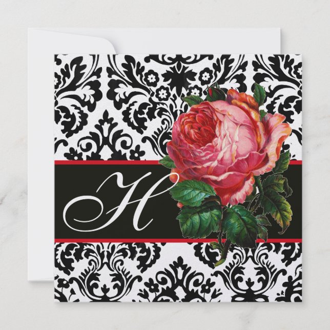 BEAUTIFUL PINK ROSE  BLACK WHITE  DAMASK MONOGRAM INVITATION (Front)