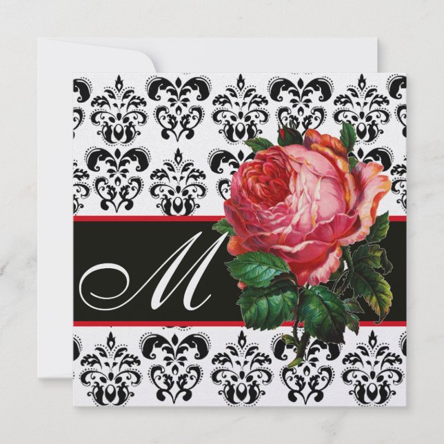 BEAUTIFUL PINK ROSE  BLACK WHITE  DAMASK MONOGRAM INVITATION (Front)