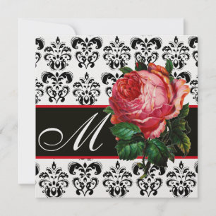 BEAUTIFUL PINK ROSE  BLACK WHITE  DAMASK MONOGRAM INVITATION