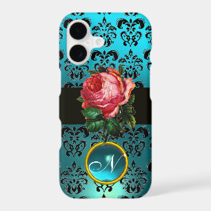 BEAUTIFUL PINK ROSE BLUE BLACK DAMASK GEM MONOGRAM