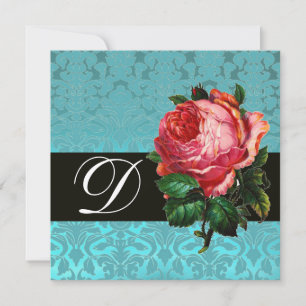 BEAUTIFUL PINK ROSE  BLUE BLACK DAMASK MONOGRAM INVITATION