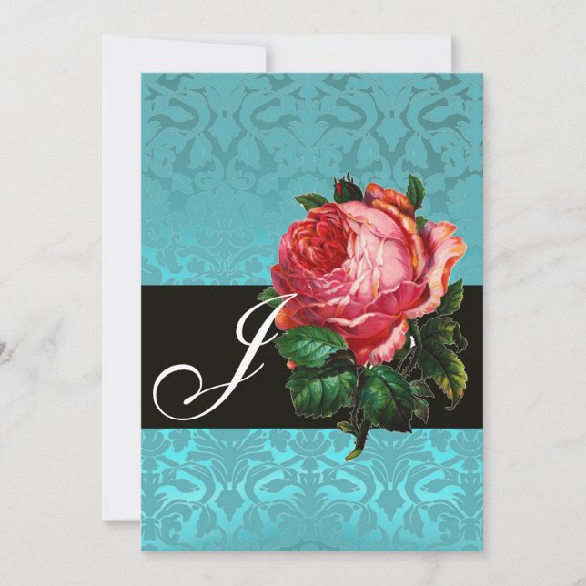 BEAUTIFUL PINK ROSE  BLUE BLACK DAMASK MONOGRAM INVITATION (Front)