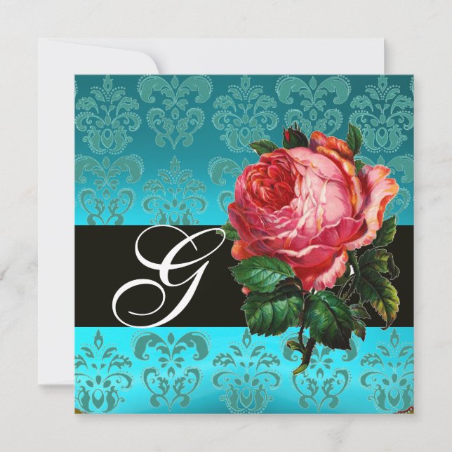 BEAUTIFUL PINK ROSE  BLUE BLACK DAMASK MONOGRAM INVITATION (Front)