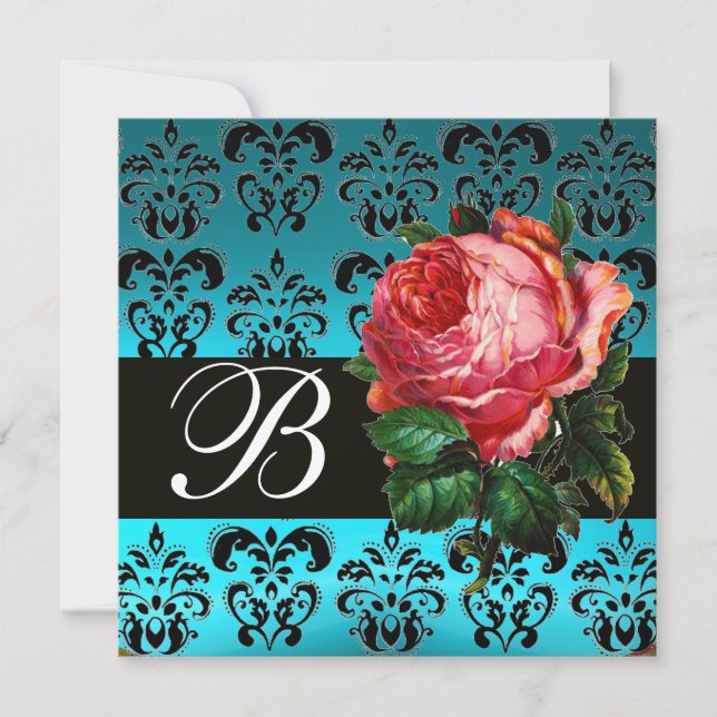 BEAUTIFUL PINK ROSE  BLUE BLACK DAMASK MONOGRAM INVITATION (Front)