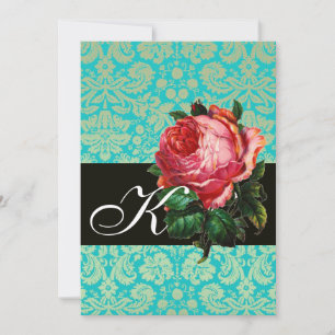 BEAUTIFUL PINK ROSE  BLUE BLACK DAMASK MONOGRAM INVITATION