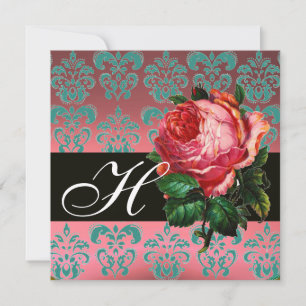 BEAUTIFUL PINK ROSE  BLUE BLACK DAMASK MONOGRAM INVITATION