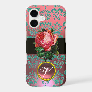 BEAUTIFUL PINK ROSE BLUE TEAL DAMASK GEM MONOGRAM
