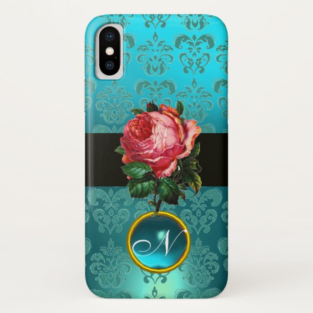 BEAUTIFUL PINK ROSE BLUE TEAL DAMASK GEM MONOGRAM Case-Mate iPhone CASE (Back)