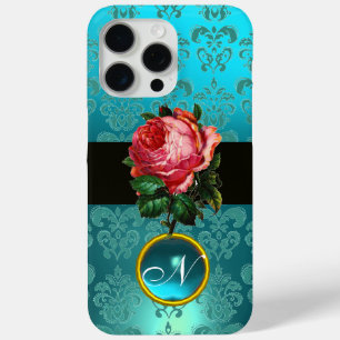 BEAUTIFUL PINK ROSE BLUE TEAL DAMASK GEM MONOGRAM iPhone 15 PRO MAX CASE