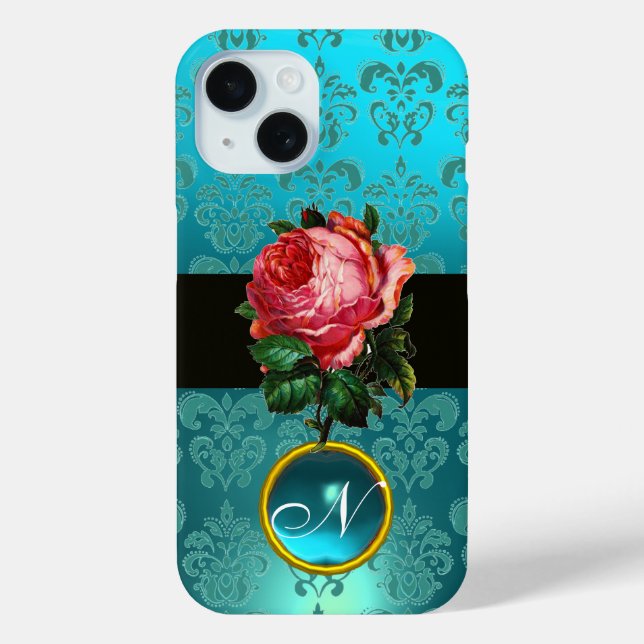 BEAUTIFUL PINK ROSE BLUE TEAL DAMASK GEM MONOGRAM Case-Mate iPhone CASE (Back)