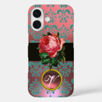 BEAUTIFUL PINK ROSE BLUE TEAL DAMASK GEM MONOGRAM
