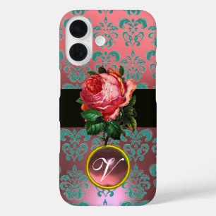 BEAUTIFUL PINK ROSE BLUE TEAL DAMASK GEM MONOGRAM iPhone 16 CASE