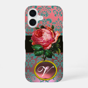 BEAUTIFUL PINK ROSE BLUE TEAL DAMASK GEM MONOGRAM iPhone 16 CASE