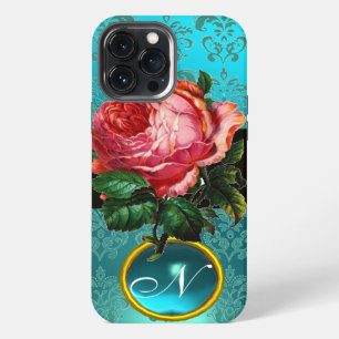 BEAUTIFUL PINK ROSE BLUE TEAL DAMASK GEM MONOGRAM iPhone 13 PRO MAX CASE