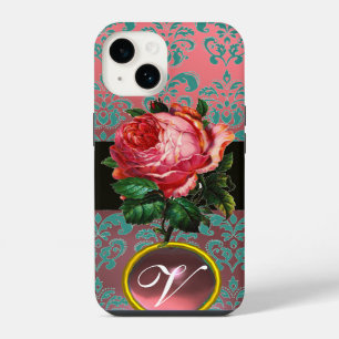 BEAUTIFUL PINK ROSE BLUE TEAL DAMASK GEM MONOGRAM iPhone 14 CASE