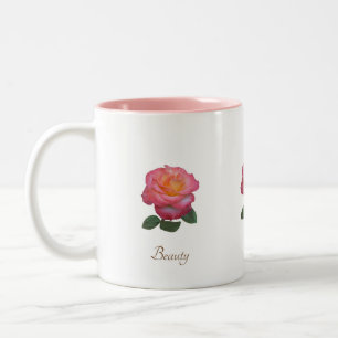 Beautiful Pink Rose Flower & Calligraphy on White Two-Tone Coffee Mug
