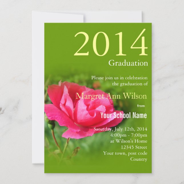 Beautiful pink rose flower graduation invitation (Front)