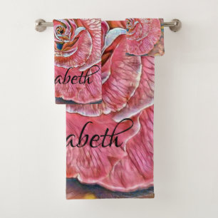 Beautiful pink rose flower painting bath towel set