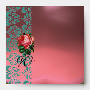 BEAUTIFUL PINK ROSE GOLD AQUA BLUE TEAL DAMASK ENVELOPE