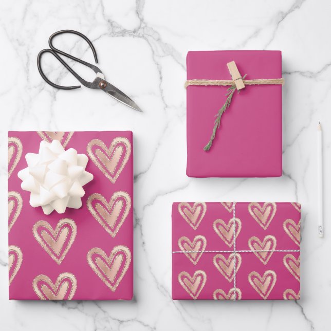 Beautiful Pink & Rose Gold Hearts Wrapping Paper Sheet (Front)