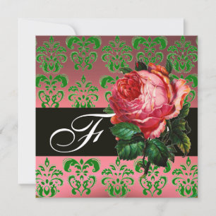BEAUTIFUL PINK ROSE GREEN BLACK DAMASK MONOGRAM INVITATION