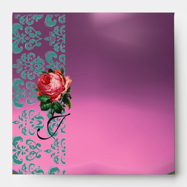 BEAUTIFUL PINK ROSE LILAC AQUA BLUE TEAL DAMASK ENVELOPE (Front)