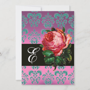 BEAUTIFUL PINK ROSE LILAC BLUE DAMASK MONOGRAM INVITATION