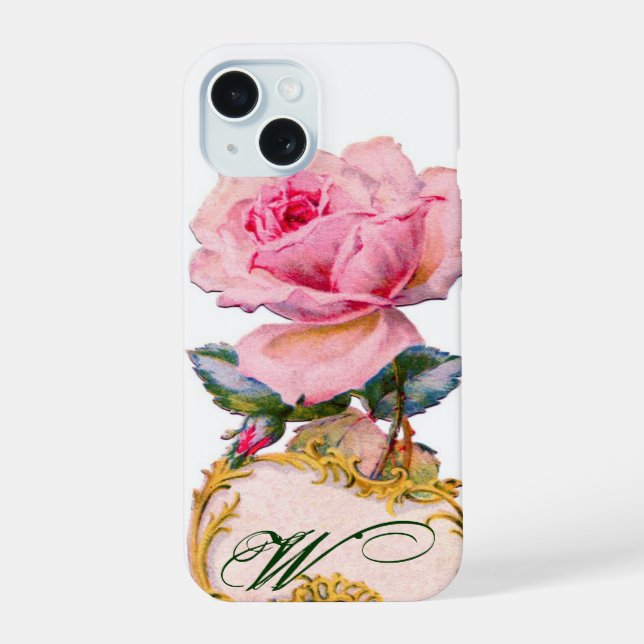 BEAUTIFUL PINK ROSE MONOGRAM iPhone 15 CASE (Back)