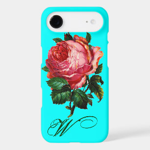 BEAUTIFUL PINK ROSE MONOGRAM,Teal Aqua Blue