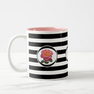 Beautiful Pink Rose on Black & White Striped Two-Tone Coffee Mug