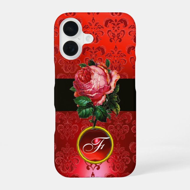 BEAUTIFUL PINK ROSE RED BLACK DAMASK RUBY MONOGRAM iPhone 16 CASE (Back)