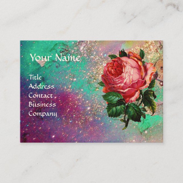 BEAUTIFUL PINK ROSE,RED WAX SEAL IN GOLD SPARKLES BUSINESS CARD (Front)