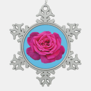 Beautiful pink rose snowflake pewter christmas ornament