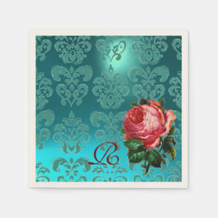 BEAUTIFUL PINK ROSE,TEAL BLUE DAMASK MONOGRAM NAPKIN