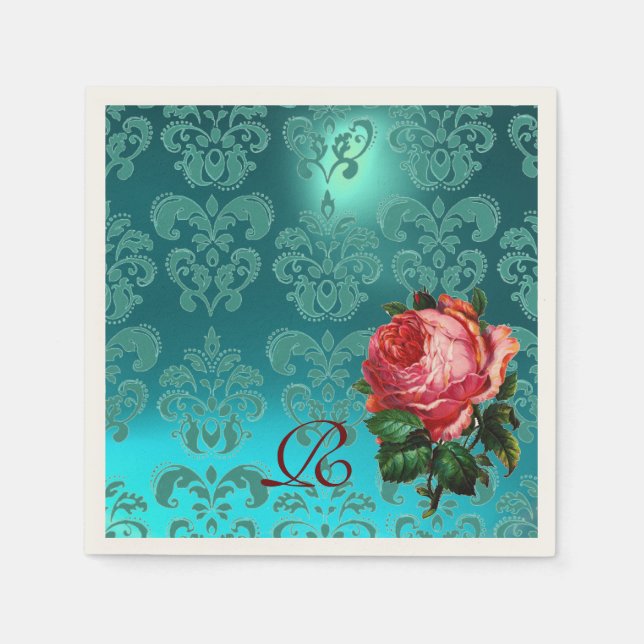 BEAUTIFUL PINK ROSE,TEAL BLUE DAMASK MONOGRAM NAPKIN (Front)