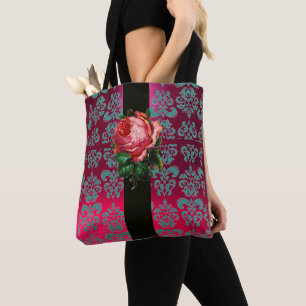 BEAUTIFUL PINK ROSE TEAL BLUE FUCHSIA BLACK DAMASK TOTE BAG
