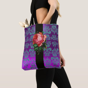 BEAUTIFUL PINK ROSE TEAL BLUE PURPLE BLACK DAMASK TOTE BAG