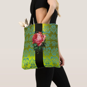 BEAUTIFUL PINK ROSE TEAL BLUE YELLOW BLACK DAMASK TOTE BAG
