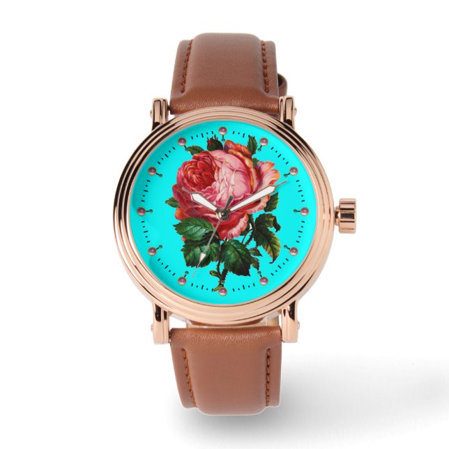 BEAUTIFUL PINK ROSE WITH GEMSTONES Aqua Blue,Teal Watch (Front)