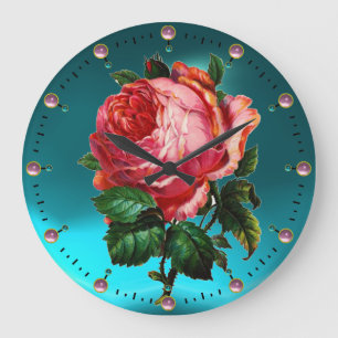 BEAUTIFUL PINK ROSE WITH GEMSTONES LARGE CLOCK
