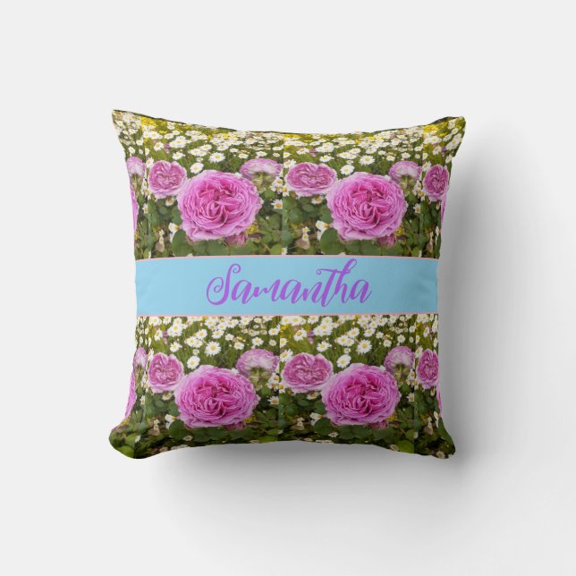 Beautiful Pink Roses and Daisies Floral Cushion (Front)