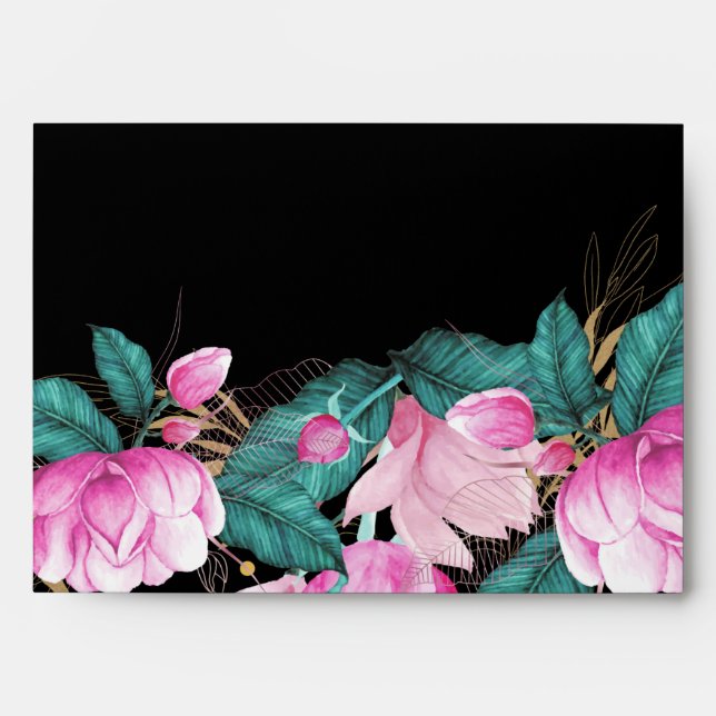 Beautiful Pink Roses Black Gold Envelope (Front)